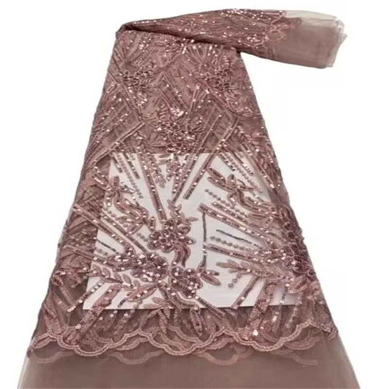 

African Lace Fabric 2023 Pink High Quality French Mesh Lace Fabric With Sequins Nigerian Lace Fabrics For Wedding Dress