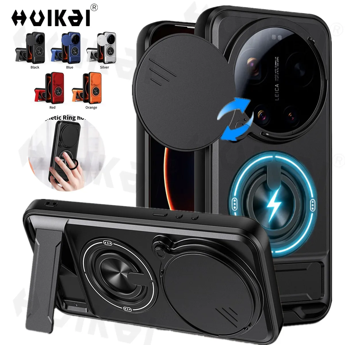 Magnetic Stand Shockproof Armor Phone Case with Slide Camera Protector and Kickstand