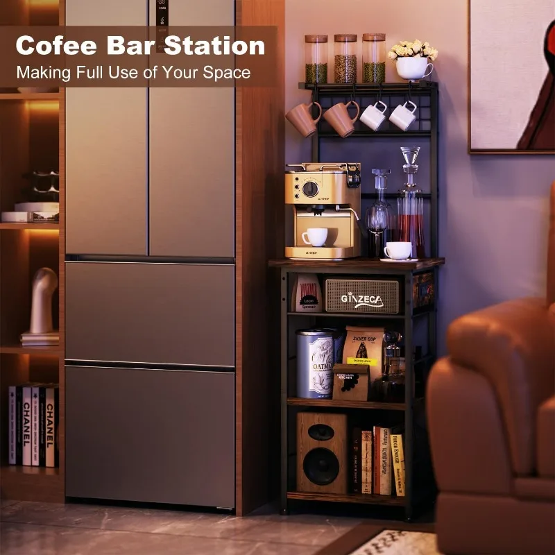 5 Tier Coffee Bar Station with Power Outlets,Bakers Rack for Small Space,Large Storage Space Coffee Cart with 4 Hooks 6