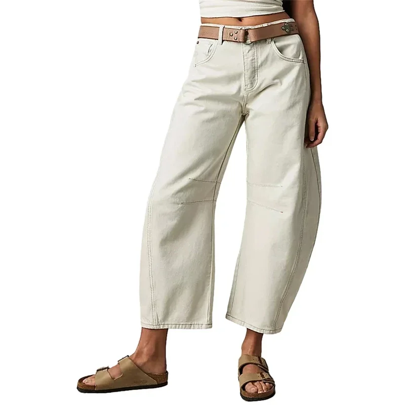 2024 Cropped Jeans for Women y2k Aesthetic Solid Casual Loose Low Waist Baggy Denim Trousers Wide-Leg Washed Jeans Tapered Pants 4