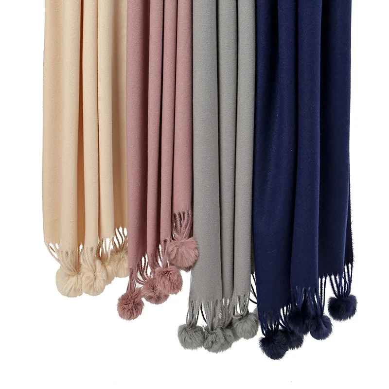 

New Fashion Women Winter Shawl Wraps Thick Warm Blanket Scarf Rabbit Fur Solid Pashmina Ponchos And Capes Pom Pom Tassel Echarpe