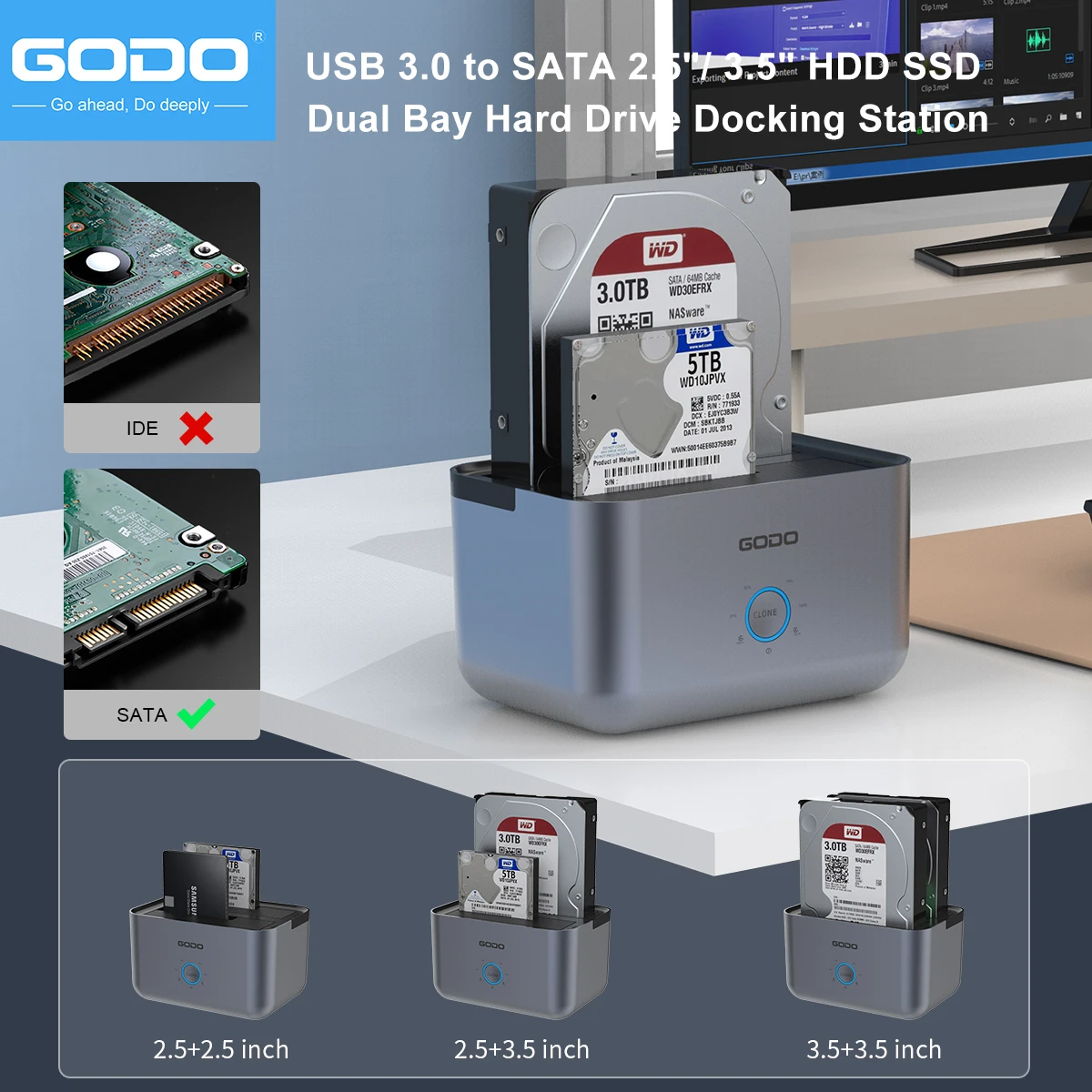 GODO Dual Bay Hard Drive Dock Hard Drive Docking Station to USB 3.0 Type C for SATA 2.5 / 3.5 inch HDDs/SSDs with LED Indicator