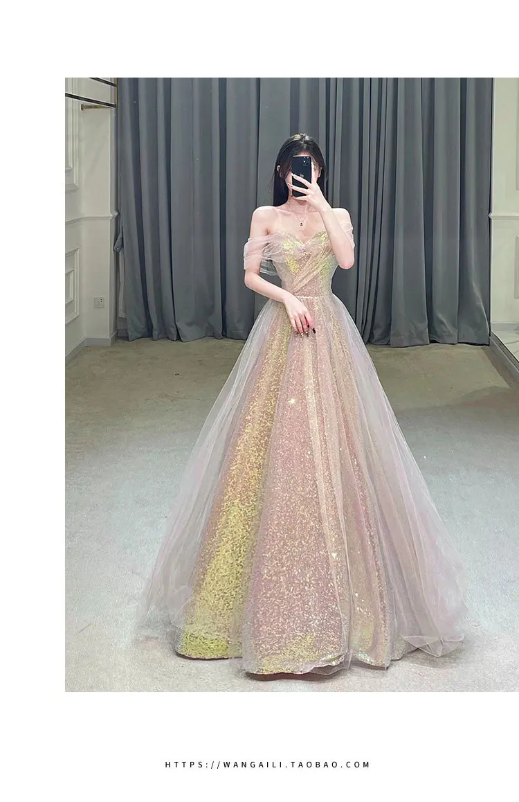 New Mesh High-waisted Slim-fitting Mermaid Toasting Evening Dress Fashionable Temperament One-shoulder Long Party Dresses Women