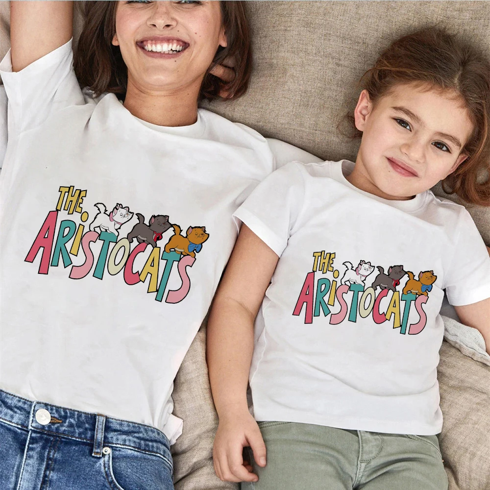 Mother Kids Family Look Clothes Disney The Aristocats T-shirt Women Fashion Summer Boy Girl T Shirt Newborn Romper Casual Black family clothes