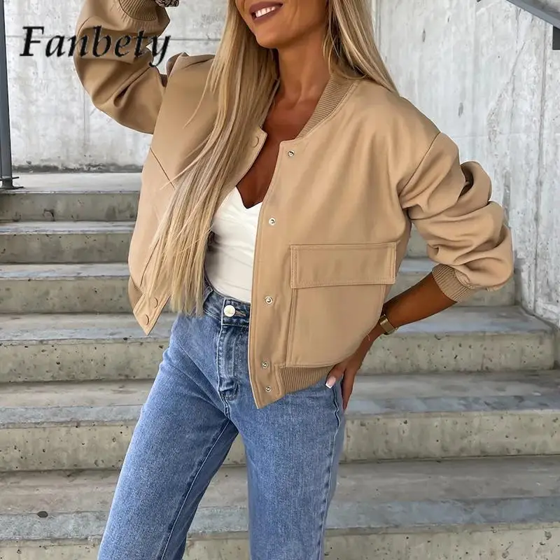 

Fashion Solid Color Short Baseball Jacket Women Elegant Single-Breasted Cardigan Outerwear Casual Loose Pocket Streetwear Jacket