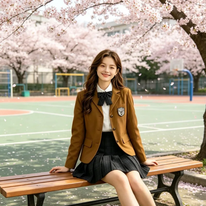 뉴혼조 주니어 3버튼 칼리지 스타일 수트 세트, 배지 수트와 플리츠 체크무늬 짧..