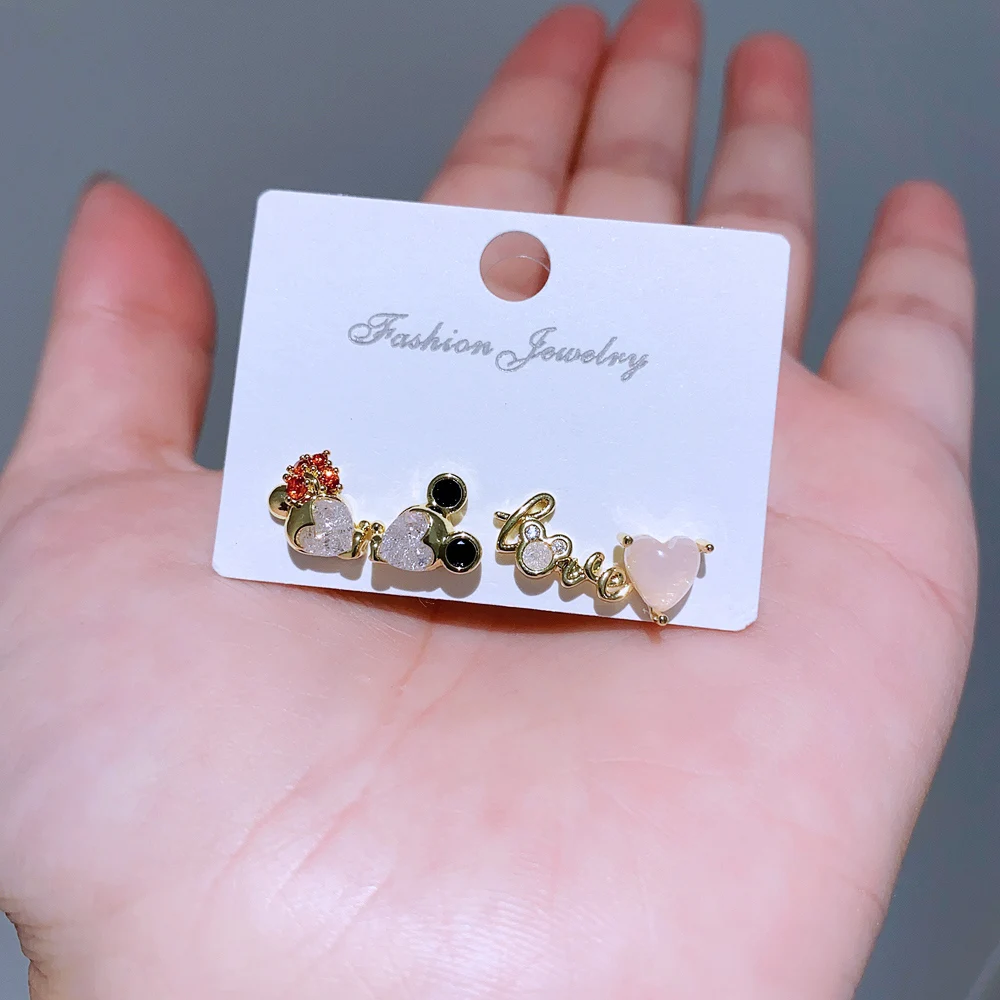4pcs/set Small Love Heart Mouse Cartoon Stud Earrings Gold Color Women Girls Cubic Zircon Gift Jewelry 6