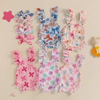 FOCUSNORM 0-18M Lovely Baby Girls Rompers 5 Colors Butterfly/Flower/Dinosaur/Bow Print Fly Sleeve Bodysuits Jumpsuits Headband
