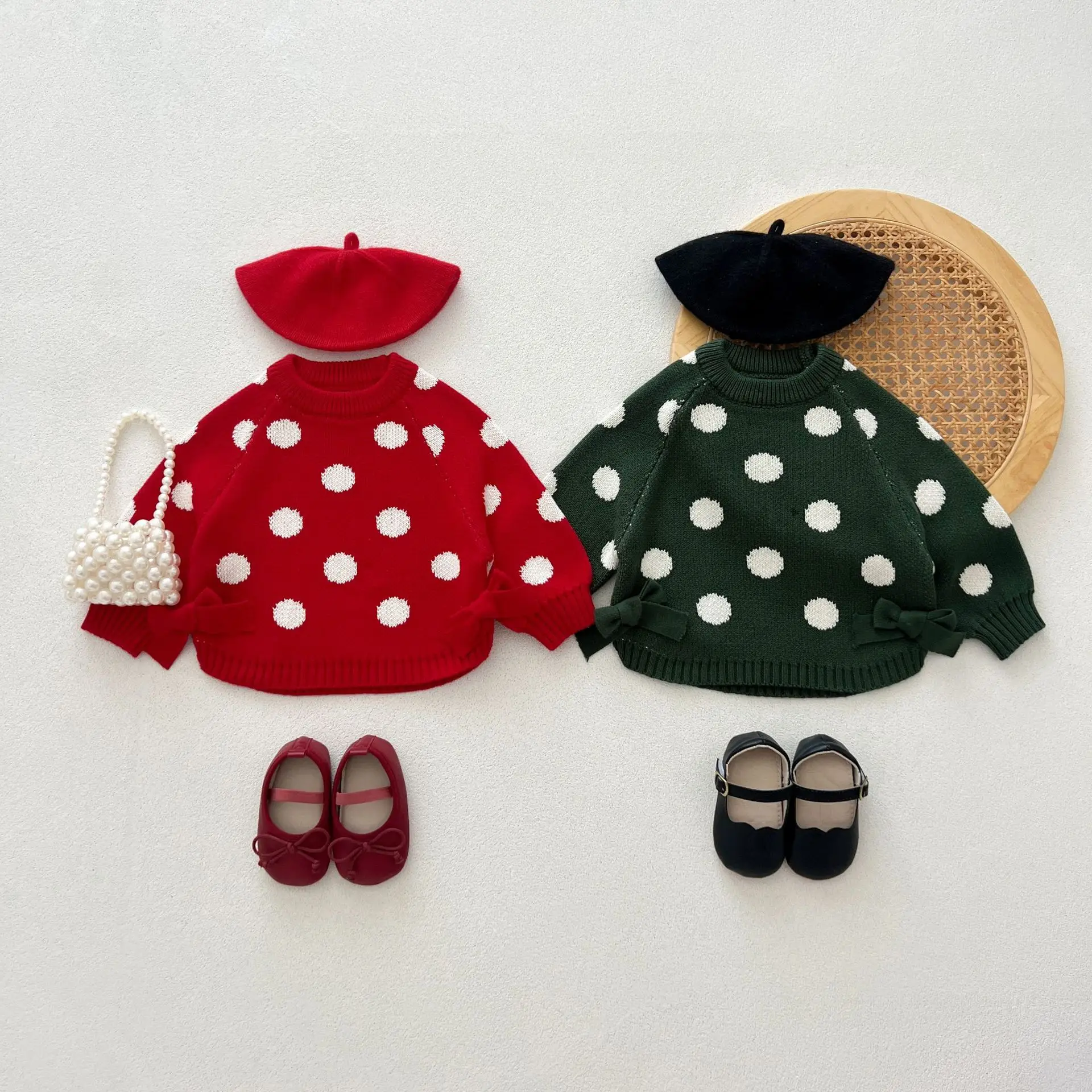 Autumn Newborn Infant Baby Boy Girls Dot Pullover Bow Sweater Knit Long Sleeve Jacket Kids Onepiece Fashion Baby Clothing
