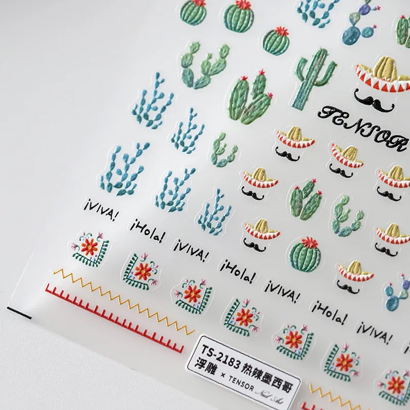 1 Sheet 5D Realistic Relief Green Cactus Mustache Straw Hat Hot Mexico Life Adhesive Nail Art Stickers Decals Manicure Charms