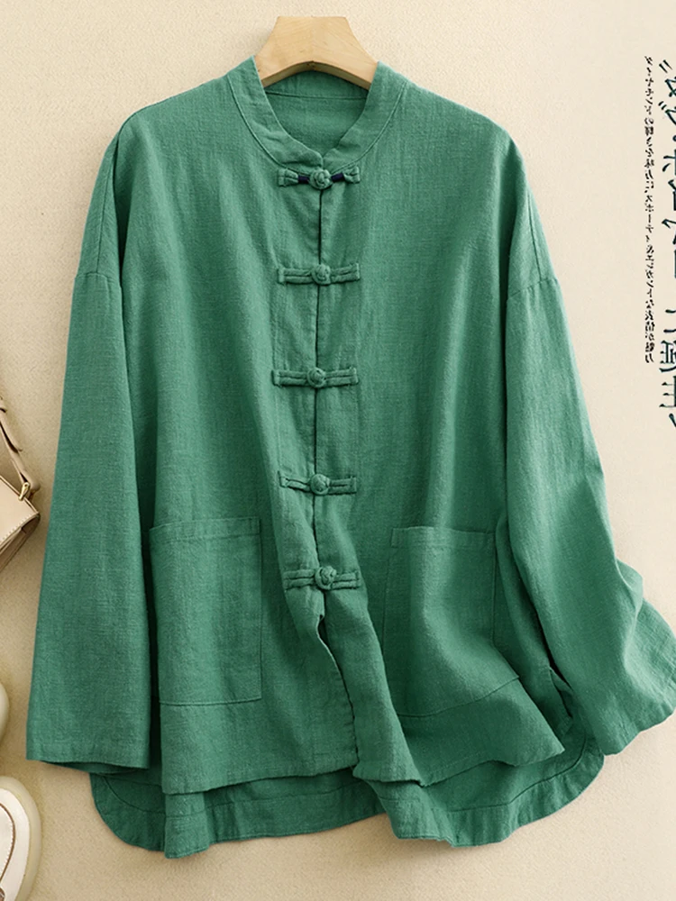 Retro Chinese Buckle Solid Color Ramie Shirt Women's Irregular Zen Tea Clothes Cotton and Linen Top Spring