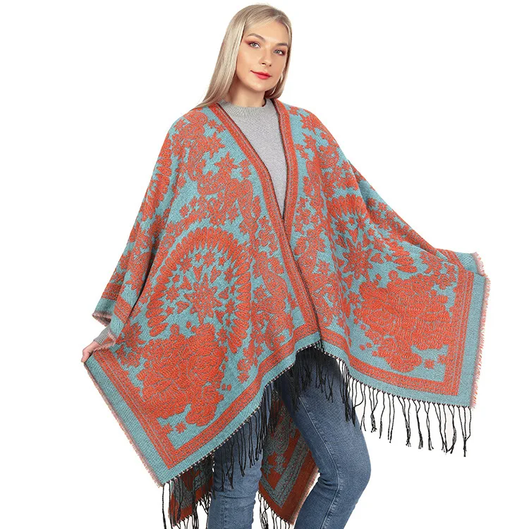 Autumn Winter Split Knitted Shawl Tassel Double Sided Split Women Imitation Cashmere  Poncho Lady Capes  Cloaks imitation cashmere printed knitted shawl women s warm double sided cloak woven autumn winter poncho lady capes cloaks