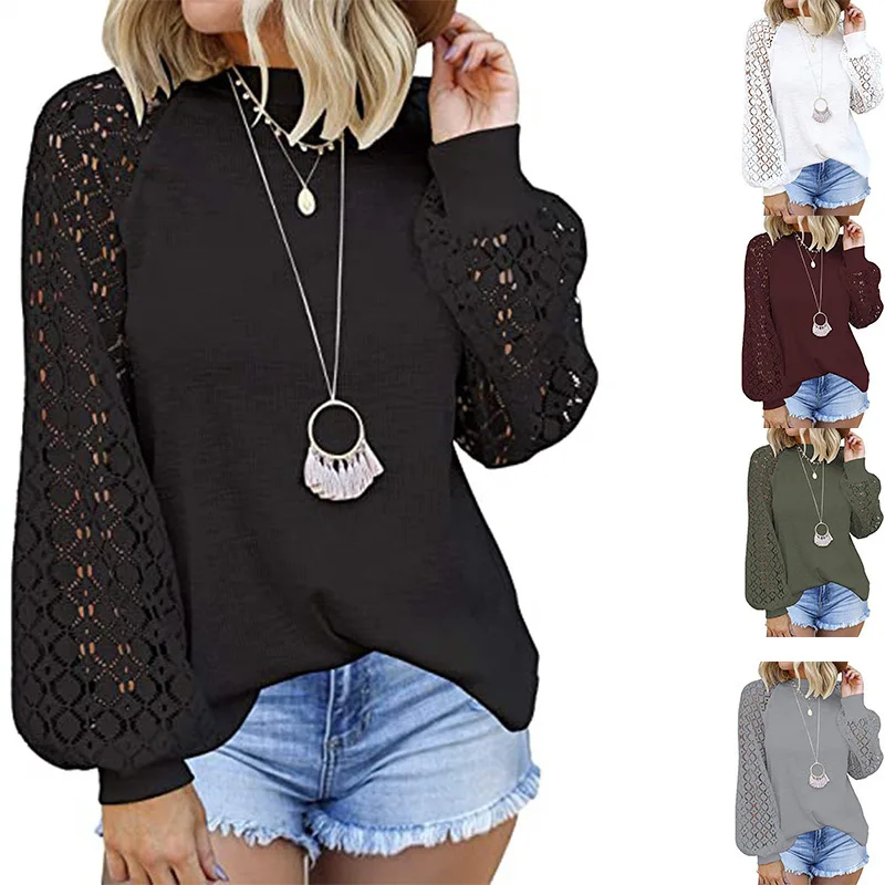 

Women's Shirt Autumn New Solid Color Round Neck Lace Splicing Loose Long-sleeved Blouse Female