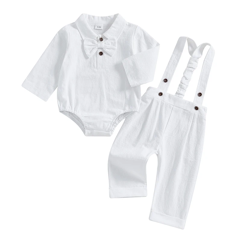Baby Boy Gentleman Outfit Autumn Lapel Neck Long Sleeve Romper with Bowtie Elastic Waist Suspender Pants for Wedding Stage