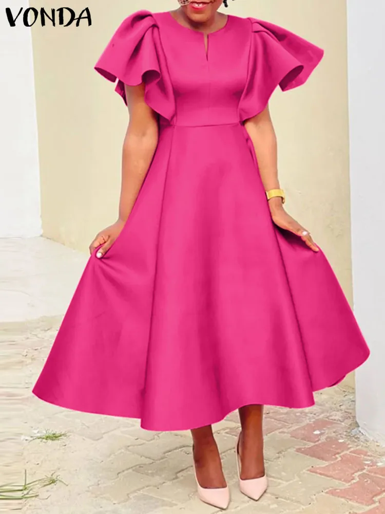 

Oversized VONDA Elegant Satin Dress Women Short Sleeve Ruffled Summer Midi Sundress Casual Solid Color V-Neck A-Line Robe Femme