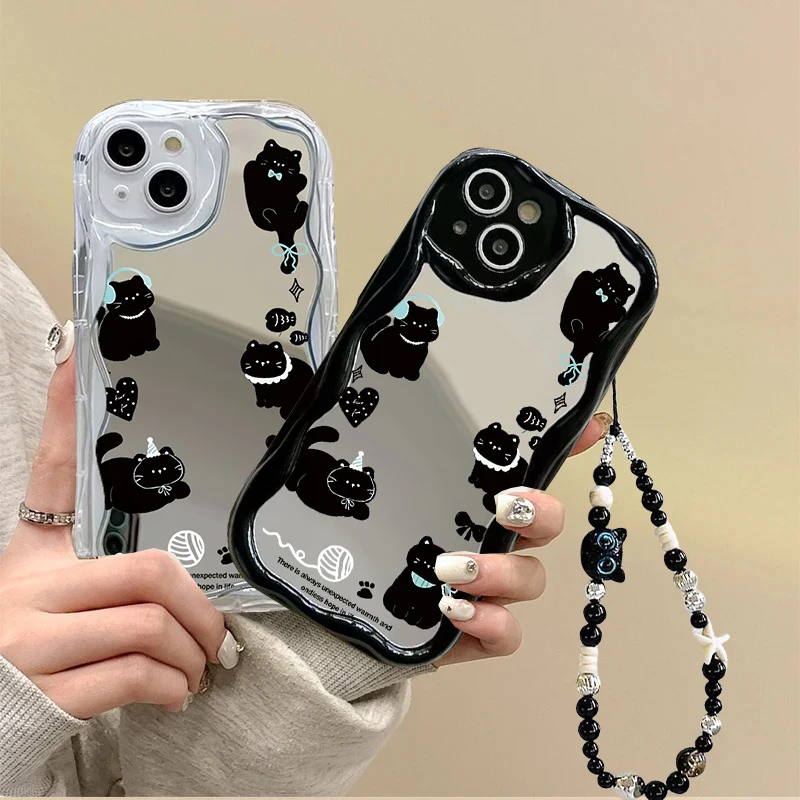 Charming Black Cat Mirror Lanyard Chain Case