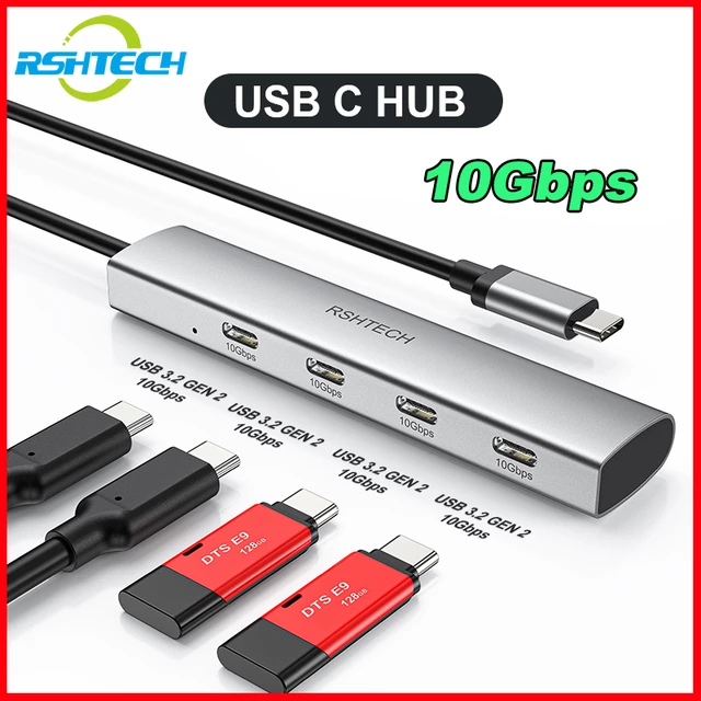 Concentrador USB-C, 4 puertos, USB 3.2 Gen2, 10 Gbit/s, aluminio