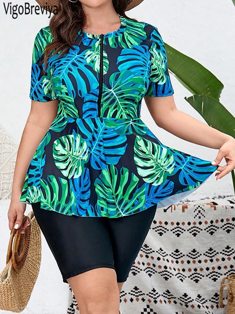 Women Two Piece Sets Swimsuit Print Short Sleeve Plus Size High Waist Curvy