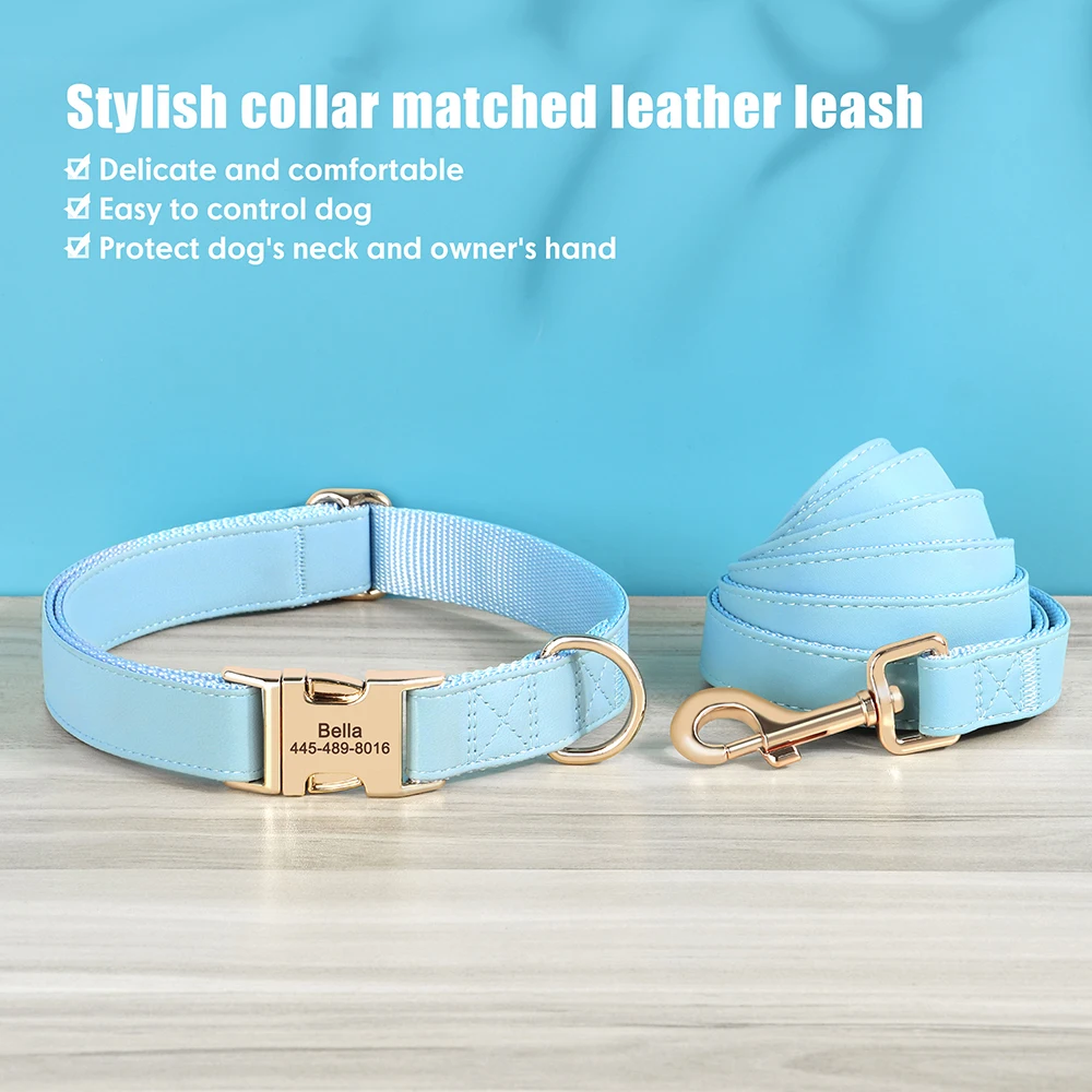 Engraved Leather Dog Collar And Leash Set For Small Medium Large Dogs_voghion.com
