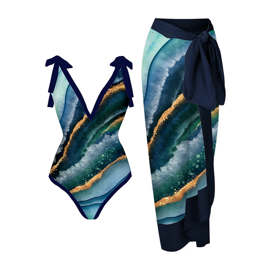 

Art Print One Piece Swimsuit Cover Up Set Women 2023 Fashion Push Up Swimwear Bikini Beach Outfits Luxury Bathing Suit Beachwear