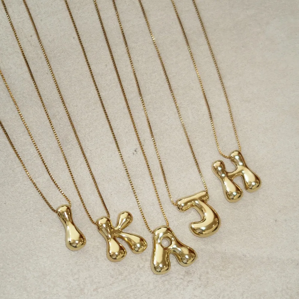 Exaggerate Stainless Steel Gold Color Chunky Alphabet Pendant Balloon Bubble Initial Letter Choker Necklace Charm Jewelry Gifts
