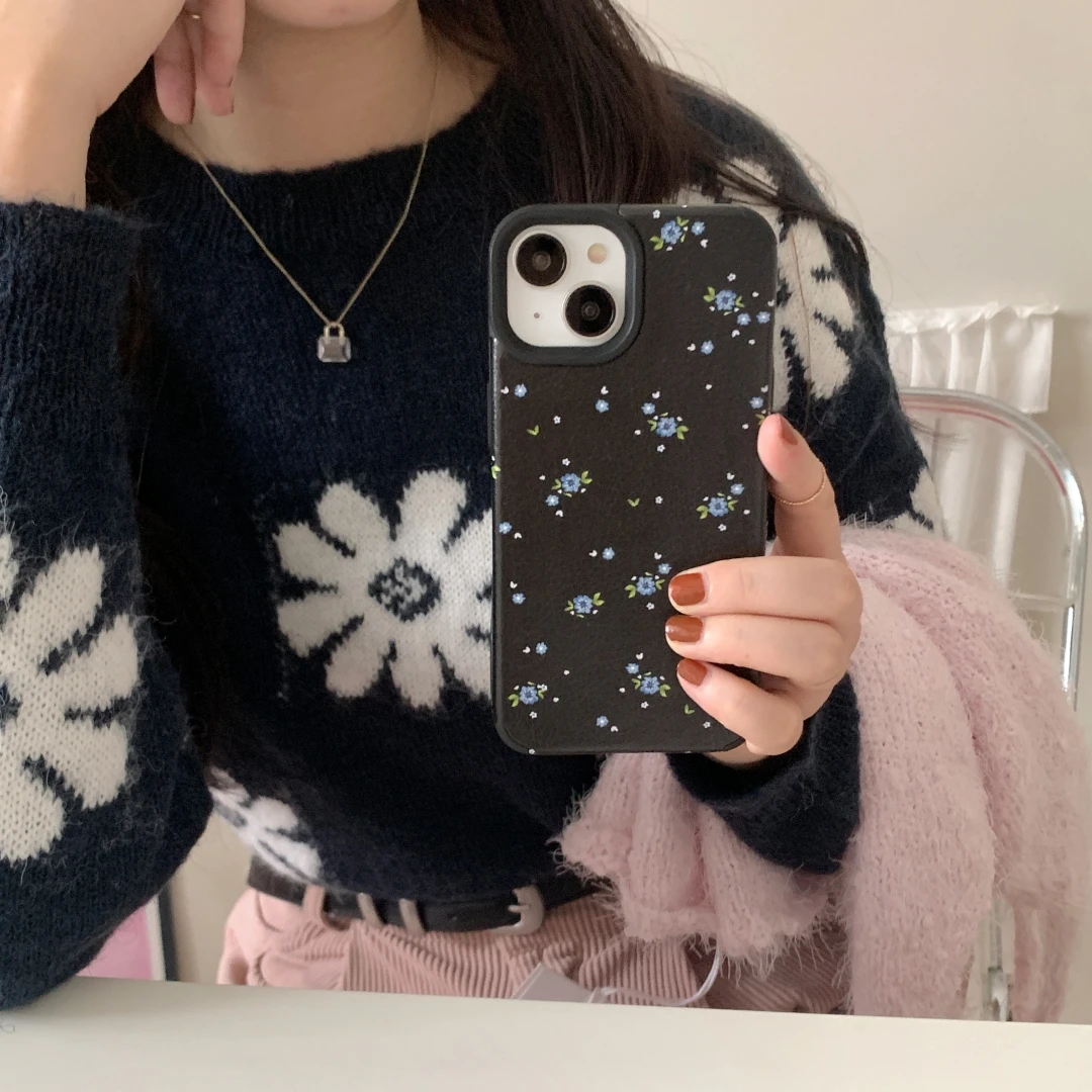 Black Floral Leather Phone Case for iPhone