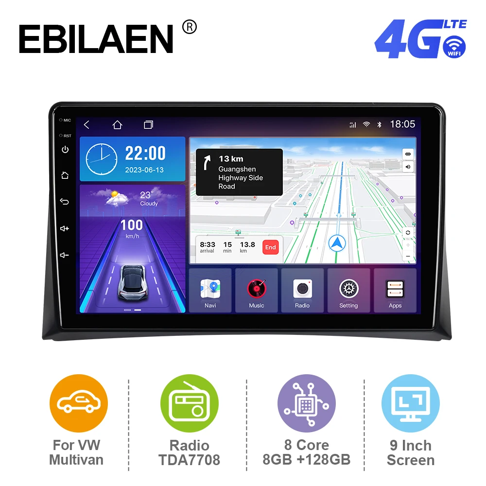 

Мультимедийная Автомагнитола EBILAEN, мультимедийный плеер на Android 12, с 9 "экраном, GPS, для Volkswagen Transportre/Multivan T5, 2003-2015