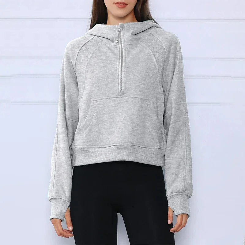 

Autumn Winter Half Zip Sports Hoodies Loose Short Paragraph Padded Cropped Sweatshirt Clothes Warm Long Sleeve Top Yoga Pullover
