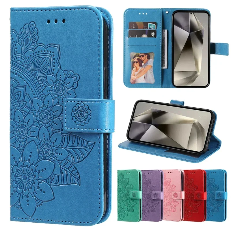 Retro Totem Sunflower Leather Wallet Phone Case with Magnetic Flip Cover and Card Holder