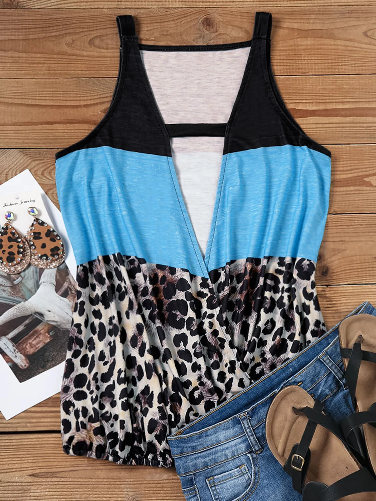 

2023 Summer Color Block Leopard Hollow Out Tank Sexy Vest Female Off Shoulder Sleeveless Women Versatile Stylish Cozy Tops
