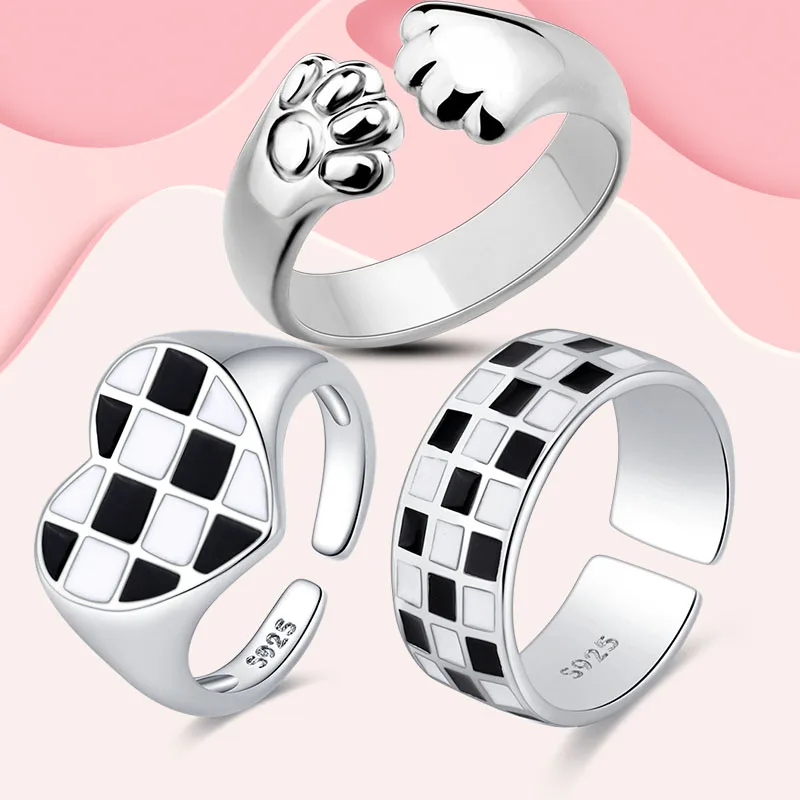 2022 New Trend Cool Black White Grid Band Ring For Women Original Silver Color Rings Brand Jewelry Gift |