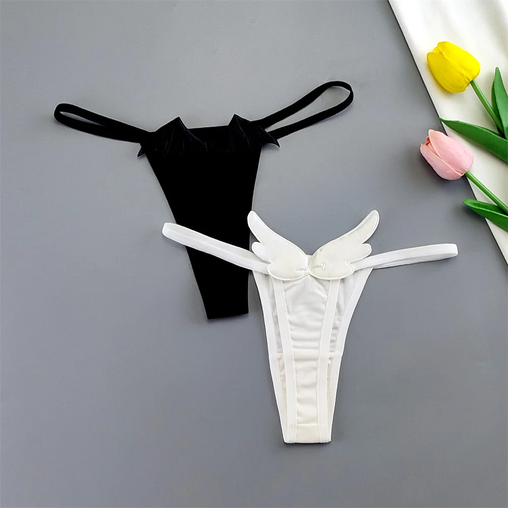 2pcs Angel Demon Wings Sexy Women Cotton Thong Underwear Slim Strap Low Waist Seamless G-string Plus Size 1