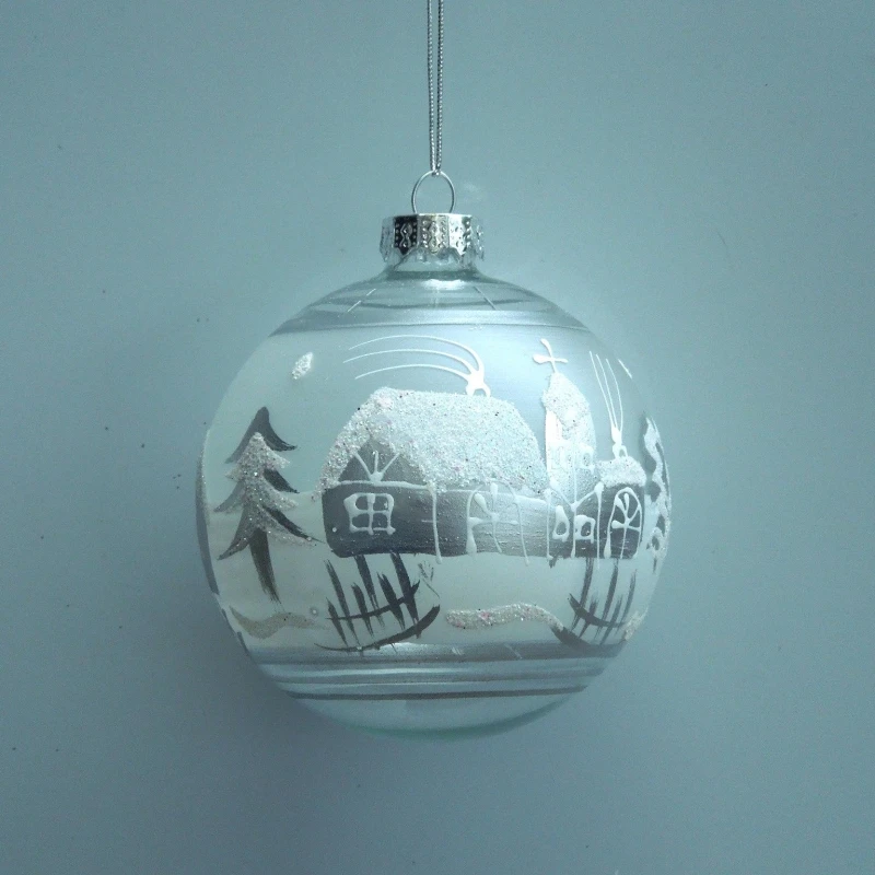 

12pcs/pack Diameter=8cm Silver Painted Snow View House Glass Ball Pendant Christmas Tree Ornament Mall Kindergarten Window Deco