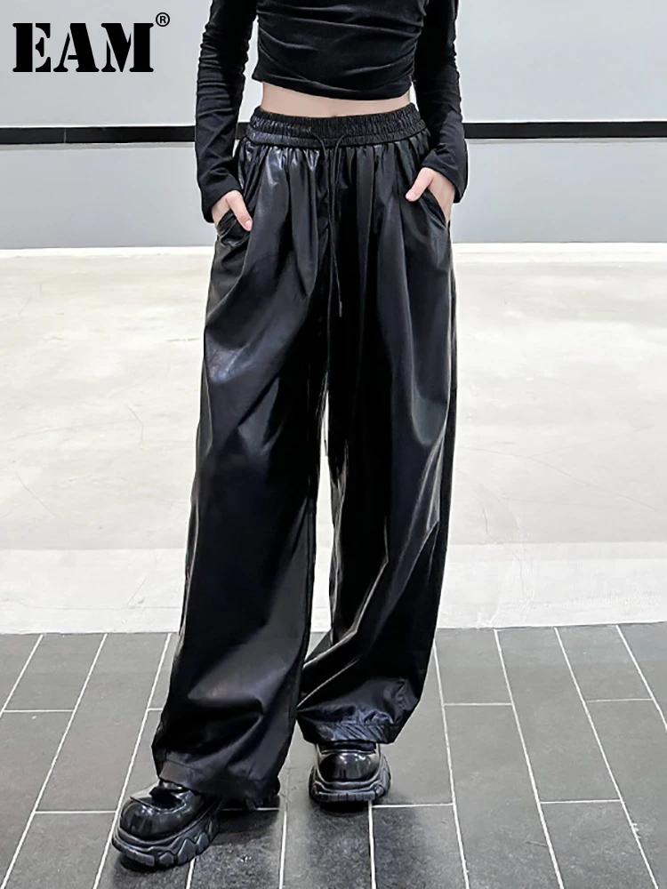 

[EAM] Black High Elastic Waist Wide Leg Thin PU Leather Pants New Loose Trousers Women Fashion Tide Spring Autumn 2023 1DH2432