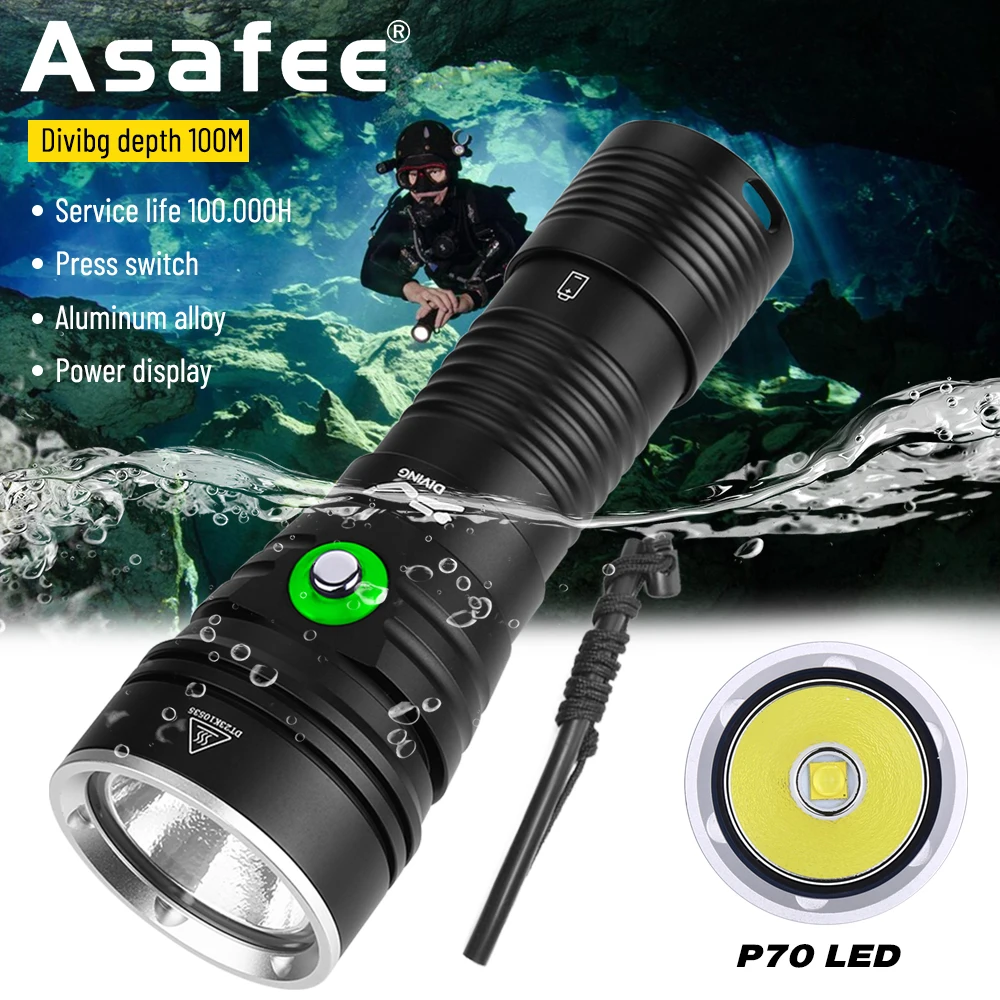 

Asafee DA15 100M Underwater Scuba Lantern XHP70 2000LM Diving Flashlight IPX8 Waterproof Torch 72° Angle SOS Light