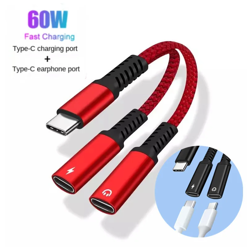 

2 In 1 USB C Splitter 60W Type C Male To Dual Type C Female Headphone FAST Charger Converter for iphone 15 Huawei Samsung Xiaomi