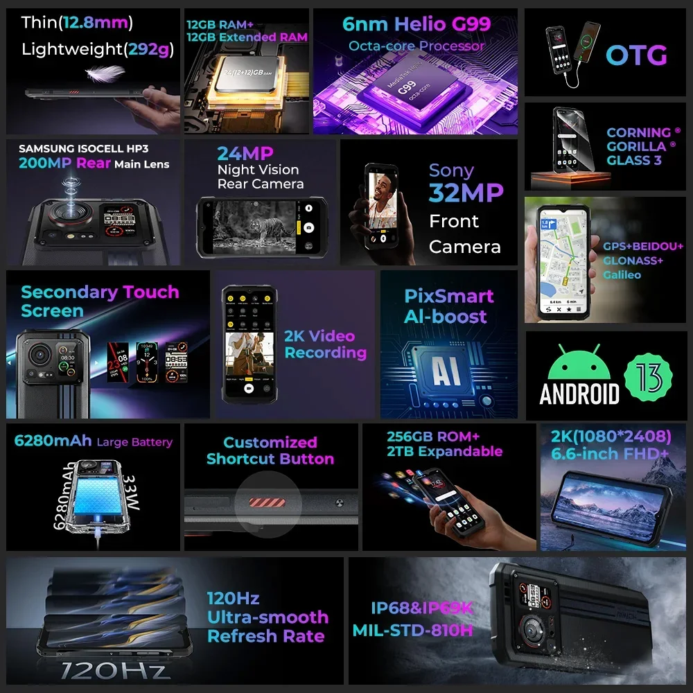 HOTWAV Cyber 15 Rugged Smartphone Android Ultra-thn Phone 200MP Camera PixSmart G99 6.6'' FHD 120Hz 12GB 256GB 4G Smartphone NFC