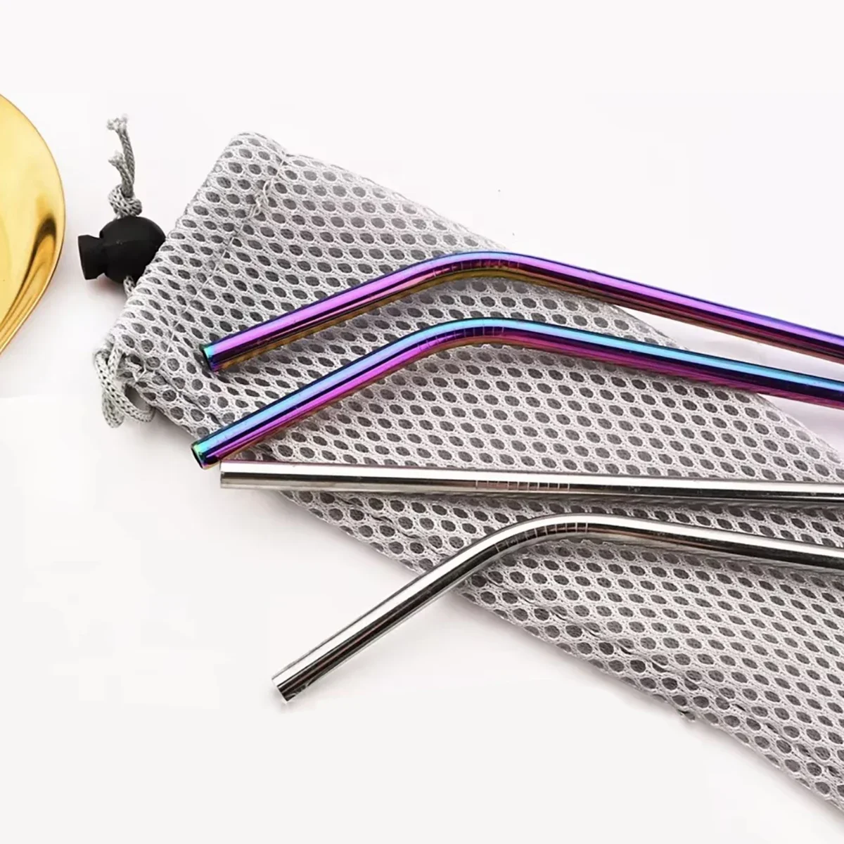 Elegant Black Reusable Stainless Steel Straw Set - 5 Piece Home Bar Accessory with Cleaning Brush and Carry Bag