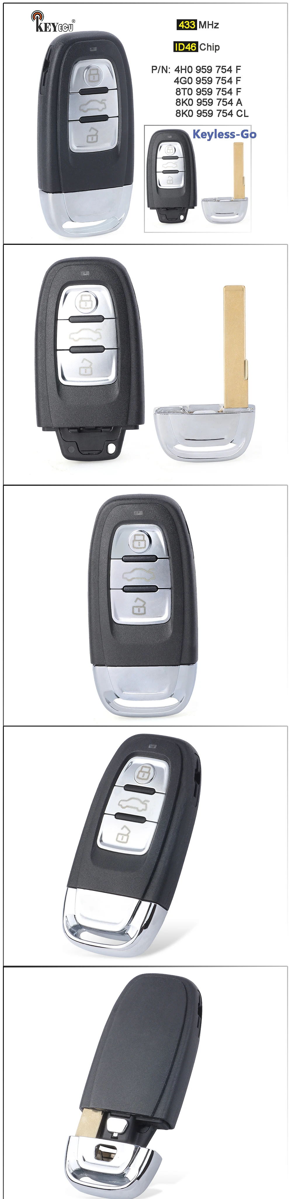 Keyforkess 433MHz ID46 8K0 959 754 A / CL 4H0 959754F / 4G0959754F / 8T0 959 754 F Keyless-Go Fob Chiave A Distanza di Audi A4 A5 A6 A7 S6 -