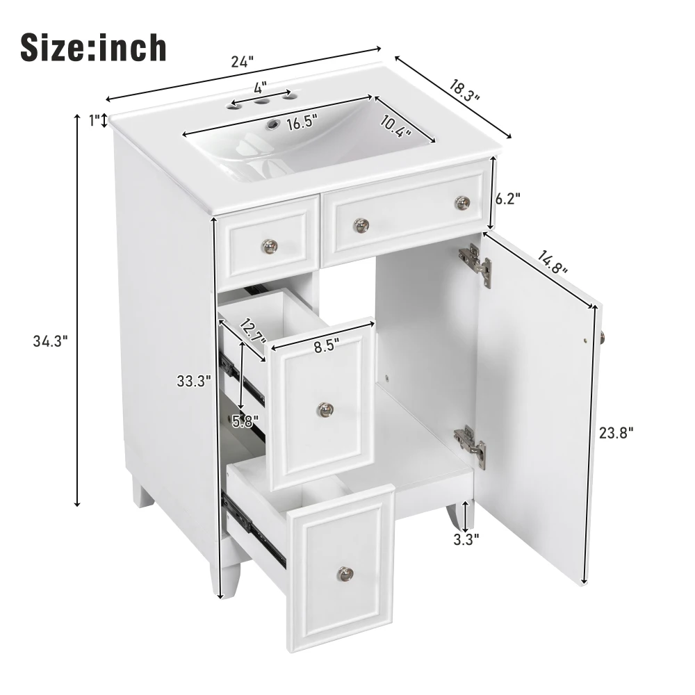 24-Inch Bathroom Vanity Cabinet with Ceramic Sink, 2 Drawers, 1 Door 6