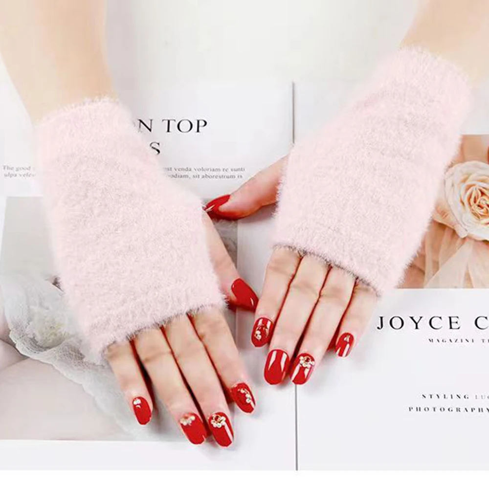 

Зимние теплые женские перчатки без пальцев, имитация норки, Стрейчевые пушистые перчатки для сенсорного экрана, чехол для рук и запястья, обогреватель для рук