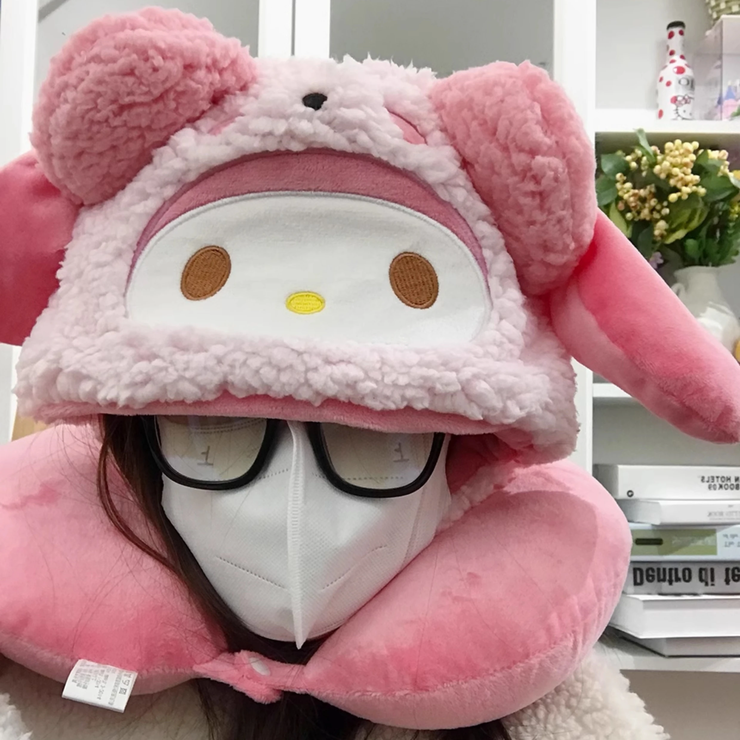 Cartoon Kuromi U-shaped Hooded Neck Pillow My Melody Hello Kitty Travel Blackout Nap Pillow With Hat Office Girl 3