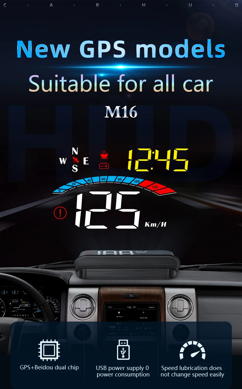 M16 HUD, New GPS models for all cars, featuring M16 NW SE, 2.5", 2S km/h, and Beidou dual chip.