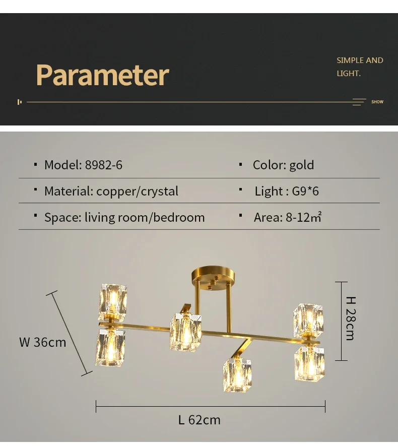 Description Picture 5 of itemModern Gold Pendant Hanging Light Indoor Copper Decora Ceiling Lamp Luxurious Lustre Chandelier For Parlor Bedroom Dining Bar