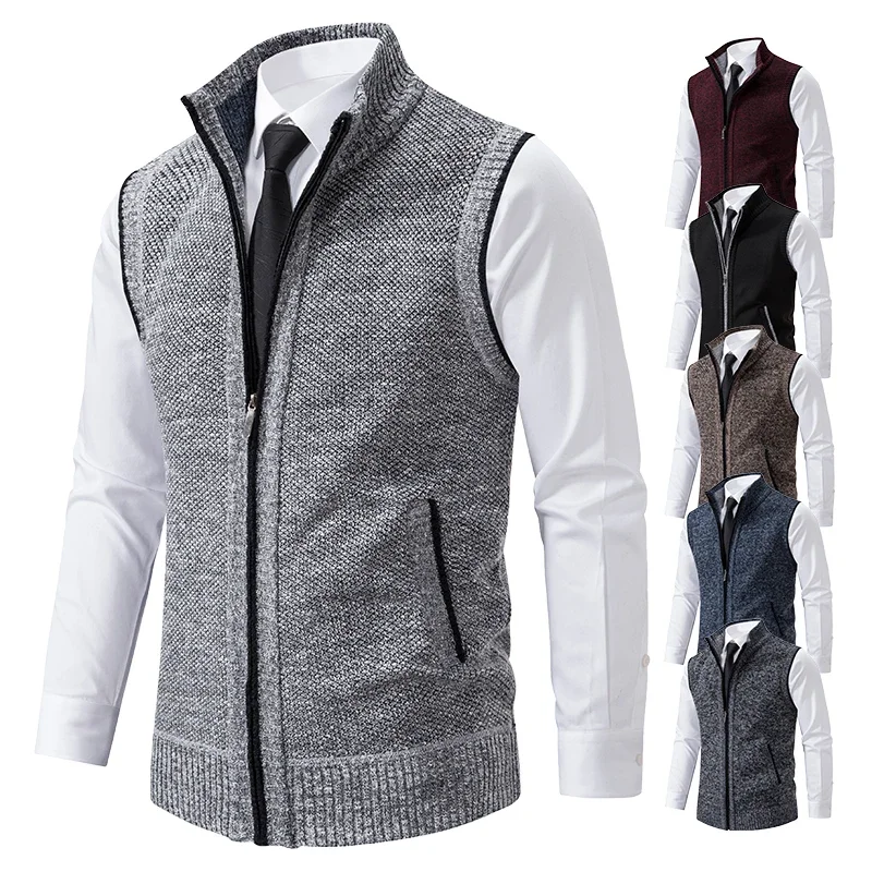 Men Sweater Vests Mens Knitted Vest Vest Men Knitted Sleeveless Sweater Jacket Wool Velvet Zipper Cardigan Turn-down Pullovers Turtleneck Sweatercoat Knit Waistcoat