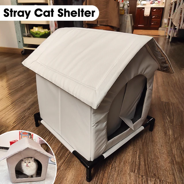 Stray Cat House Outdoor Waterproof Winter Warm Shelter Foldable Washable Enclosed Kennel for Feral Cats Small Dogs 4