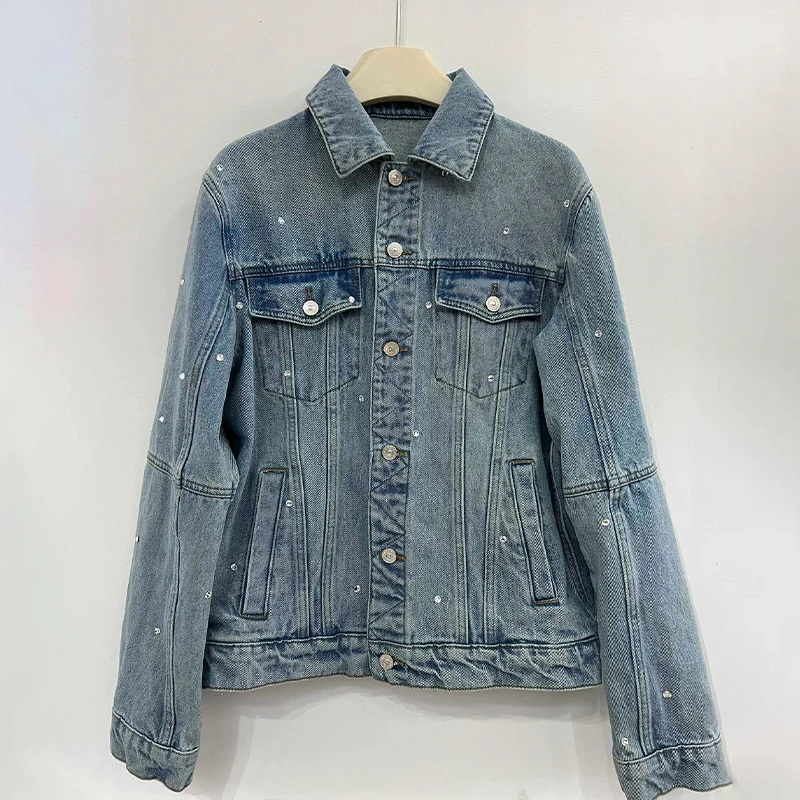 

Zadig Women Fashion Denim Jacket Trending Coats New Lady Single Button Pocket Office Blazers Jackets Female Cotton Diamond Tops