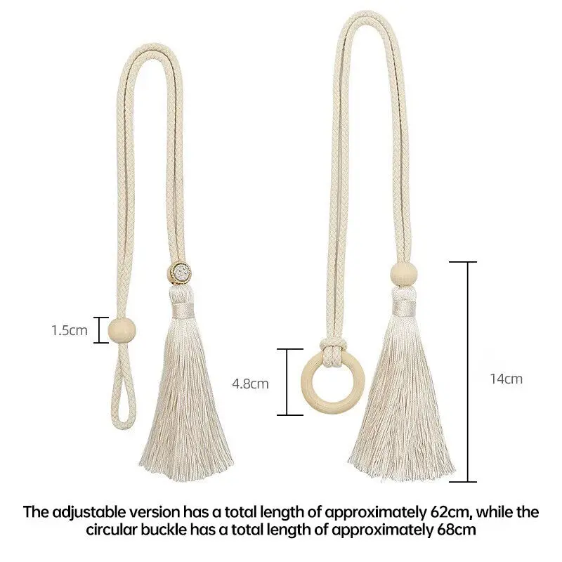 Bohemian Chic Adjustable Cotton Cord Curtain Tie Fringe Ecorative Buckle Binding Rope Log Loop Curtain Buckle Strap 2Pcs