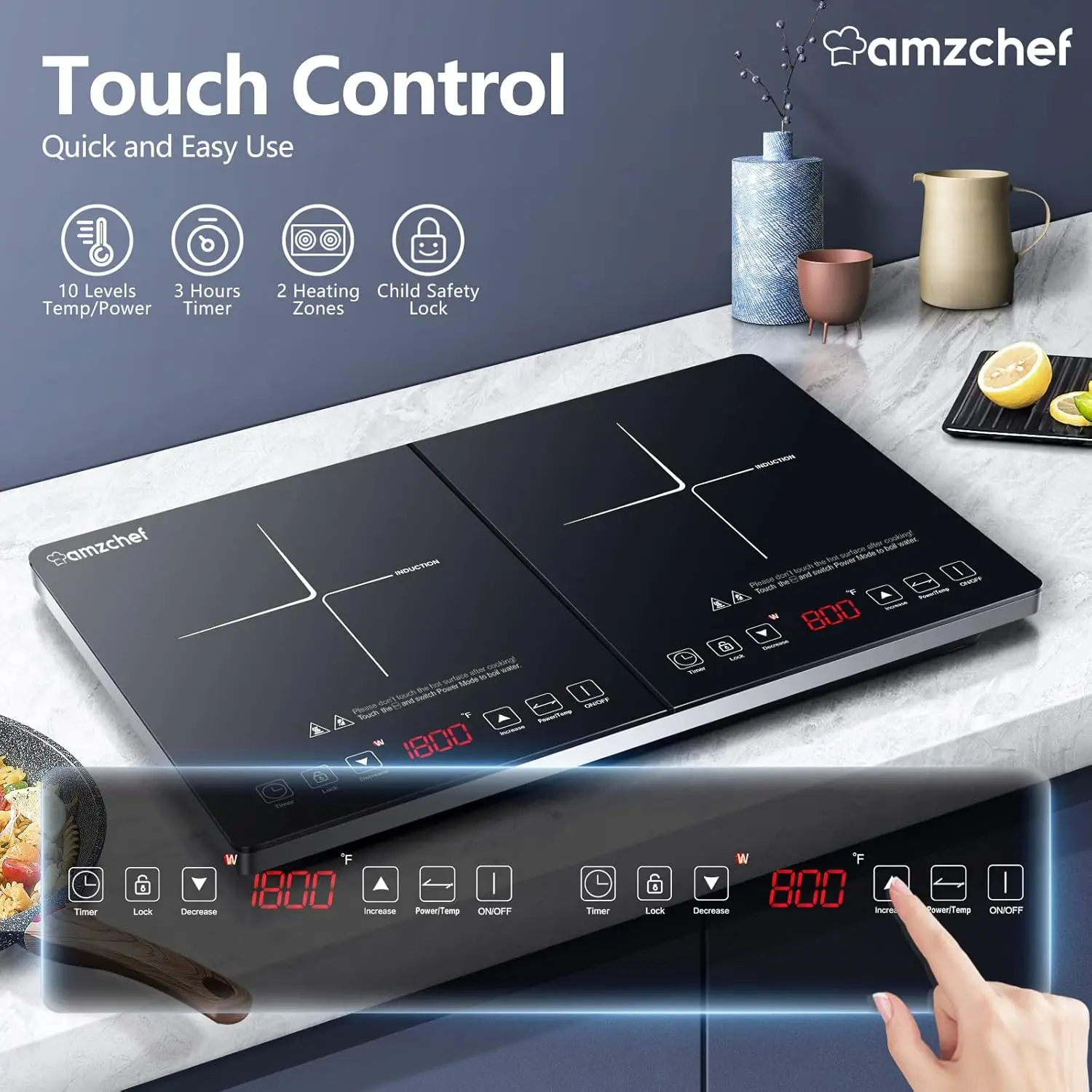 Induction Cooktop AMZCHEF Induction Cooker 2 Burners, Low Noise Electric Cooktops With 1800W Sensor Touch, 10 Temperature & Powe
