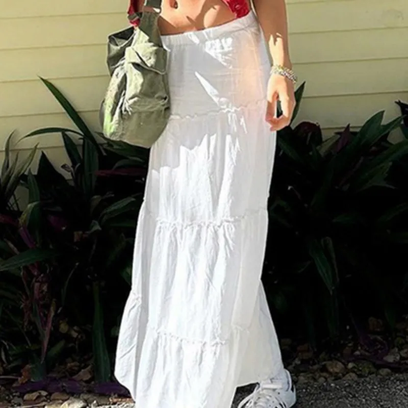 

White Women Frill A-line Long Skirts Solid Color Female Casual Streetwear Elastic Waist Tiered Ruffles Skirt Beach Vacation